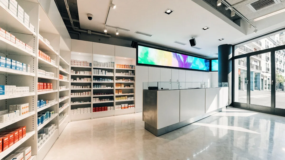 Bandeau LED sans bordure installé au-dessus du comptoir d'une pharmacie moderne, diffusant un visuel coloré