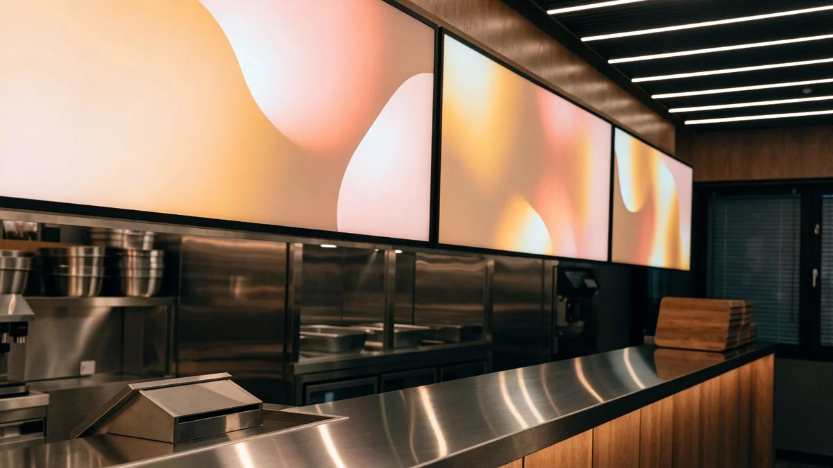 Trois panneaux LED verticaux de menuboard au-dessus du comptoir inox d'un restaurant rapide