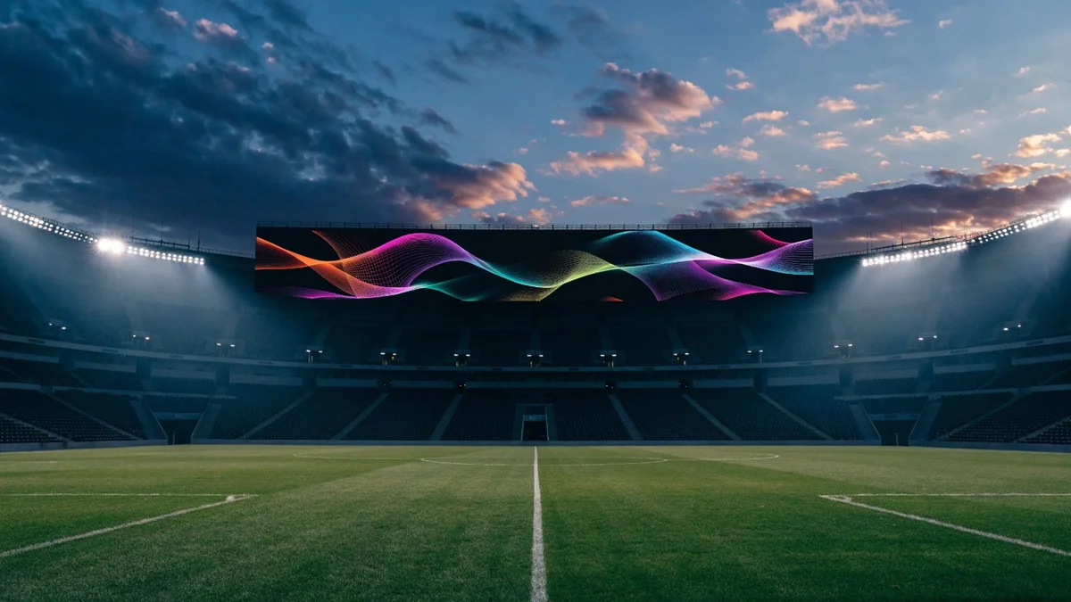 Écran géant LED suspendu au-dessus d'un stade de football vide, projecteurs allumés au crépuscule