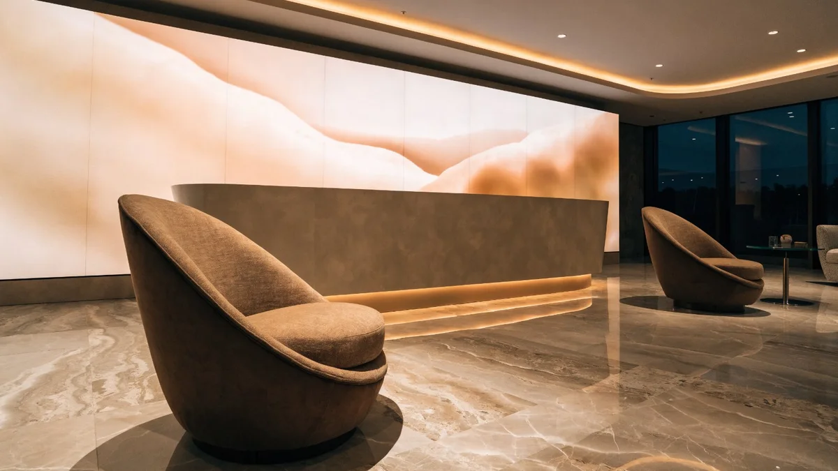 Mur LED sans bordure derrière la réception d'un hôtel haut de gamme, lumière chaude en soirée