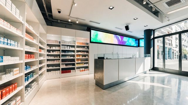 Bandeau LED sans bordure installé au-dessus du comptoir d'une pharmacie moderne, diffusant un visuel coloré