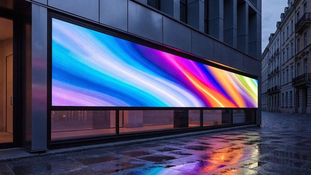 Écran LED intégré à plat dans la façade d'un commerce, allumé au crépuscule au-dessus de la vitrine