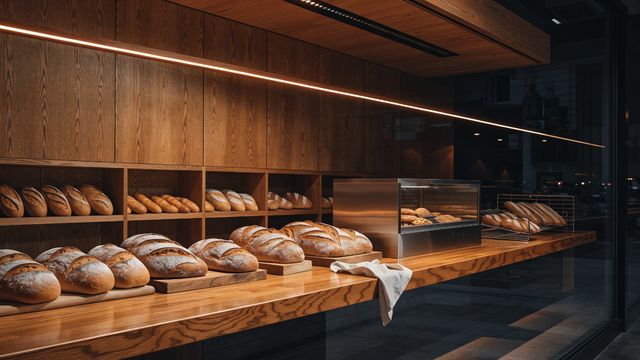 Bandeau LED horizontal allumé au-dessus du comptoir d'une boulangerie, ambiance chaude nocturne